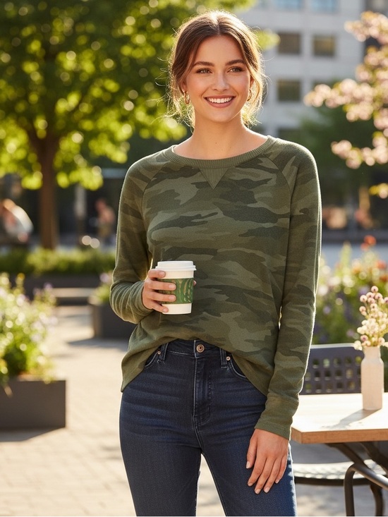 Sweet Romeo Tops - Sweet Romeo Olive Camo long sleeve top